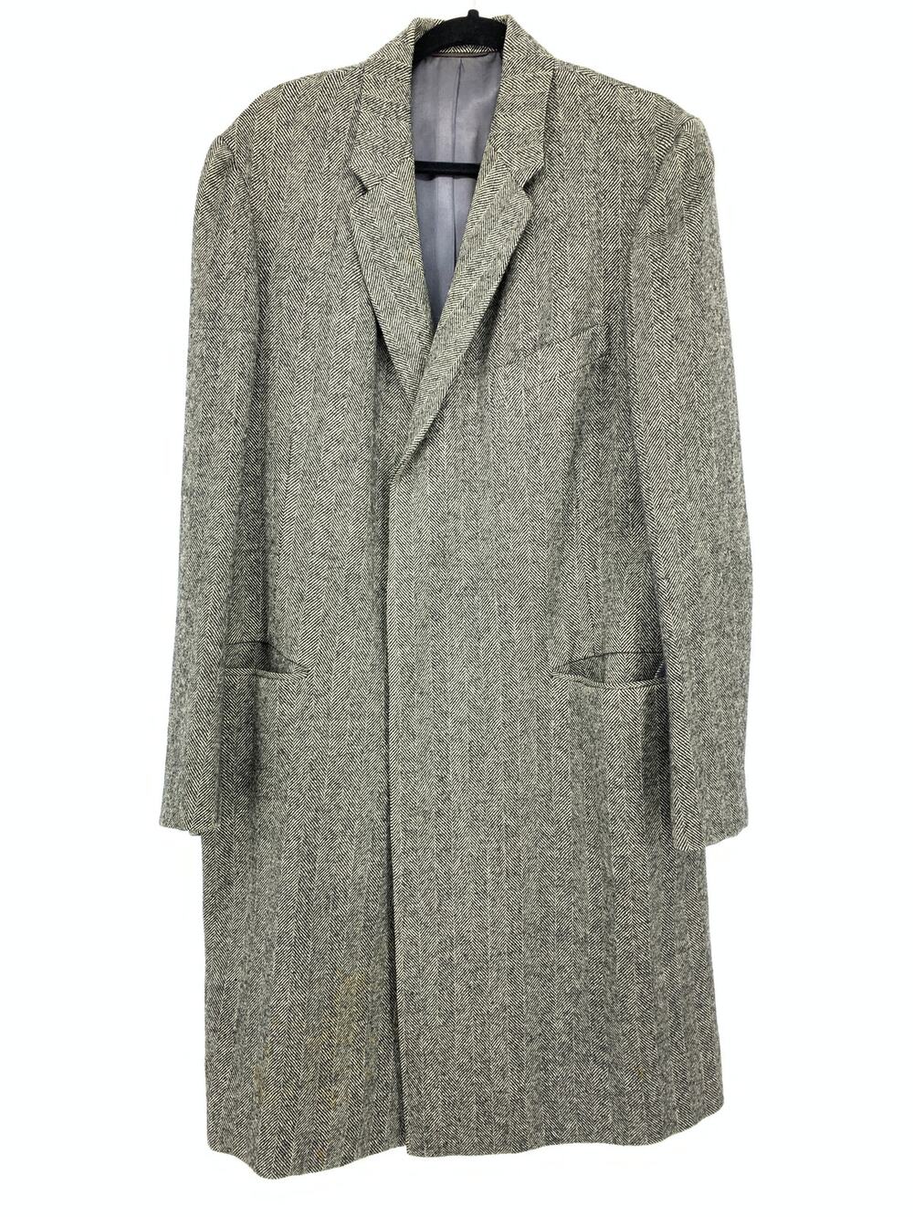 Vintage Hart Schaffner & Marx Overcoat Mens Size L Wool Herringbone Black White